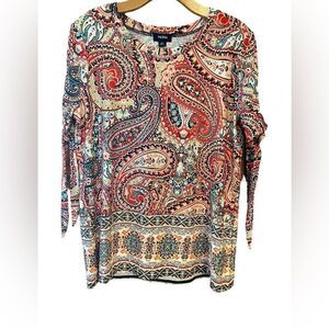 Tacera Sz M Red Tan Paisley Relaxed Fit Statement Sleeves Everyday Tunic